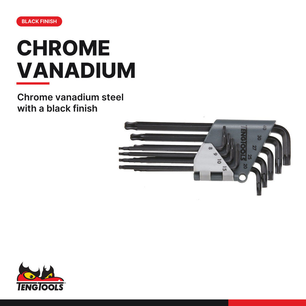 Teng Tools 1479TX1 Ball Point TX Key Set 9 Pieces, chrome vanadium steel with a black finish