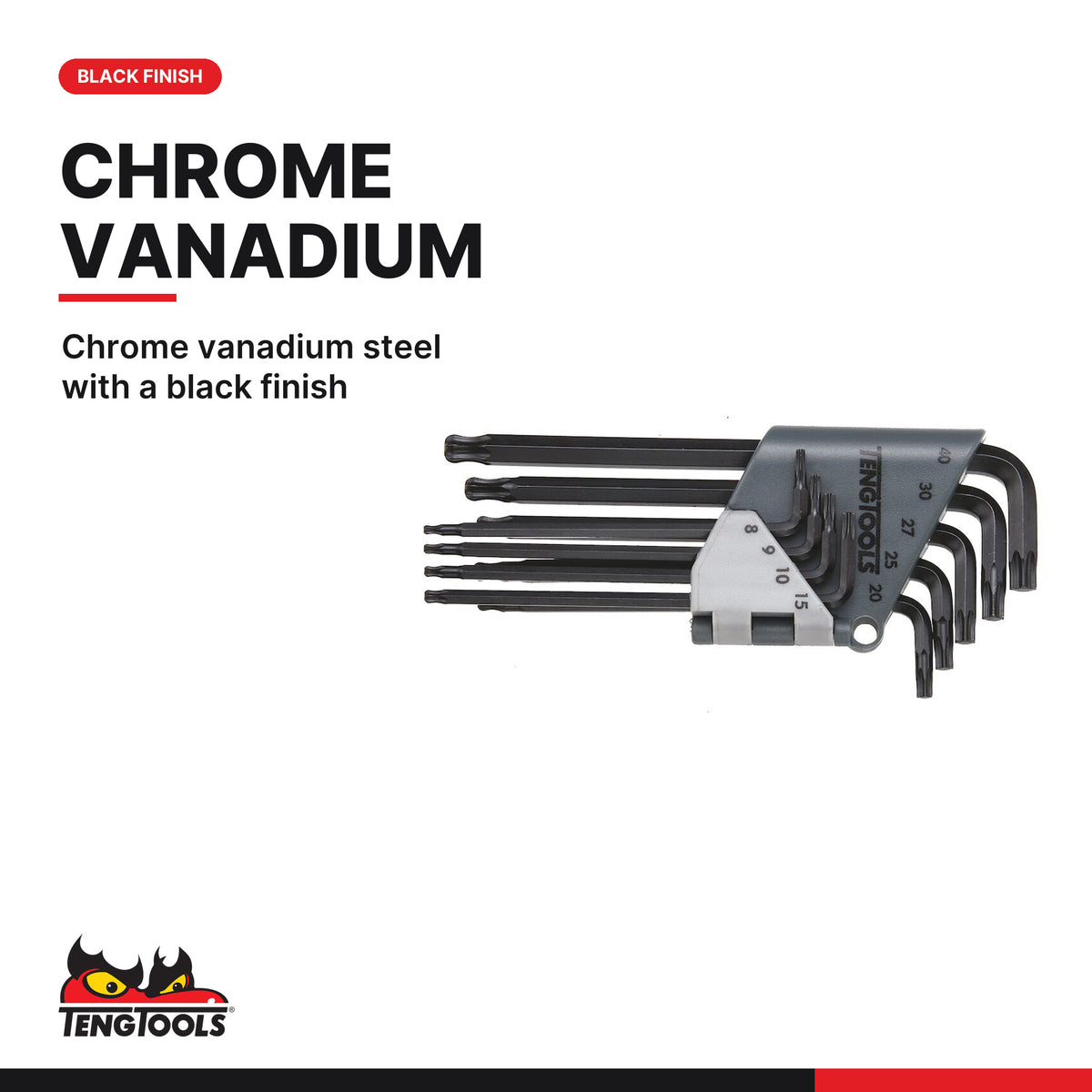 Teng Tools 1479TX1 Ball Point TX Key Set 9 Pieces, chrome vanadium steel with a black finish