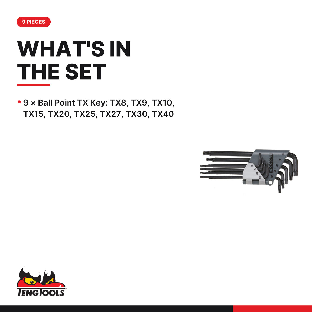 Teng Tools 1479TX1 Ball Point TX Key Set 9 Pieces, what's in the set