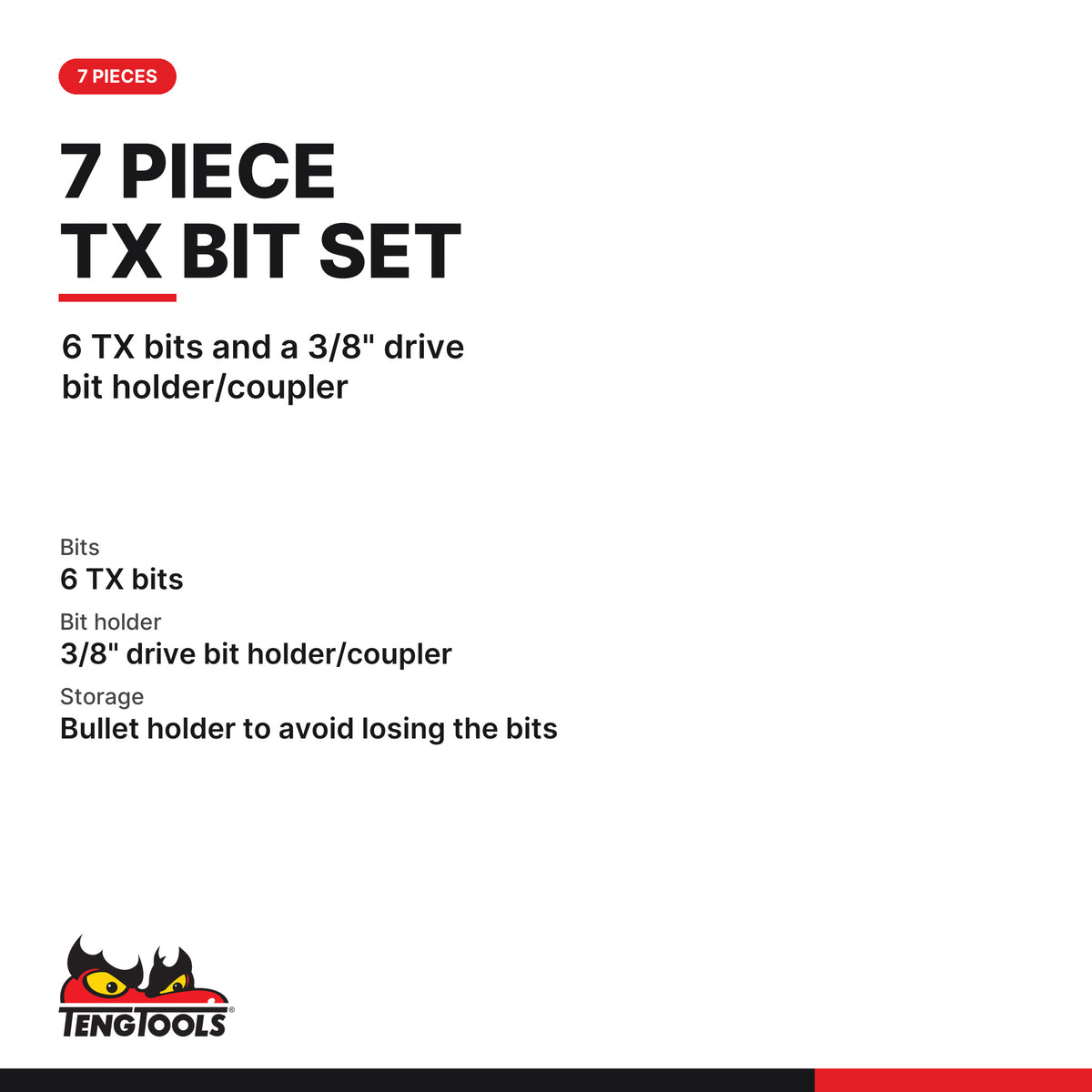 Teng Tools 1486 7 Piece Torx Bit Set With 3/8 Inch Coupler, 6 TX bits and a 3/8" drive bit holder/coupler