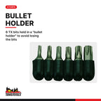 Teng Tools 1486 7 Piece Torx Bit Set With 3/8 Inch Coupler, 6 TX bits held in a "bullet holder" to avoid losing the bits