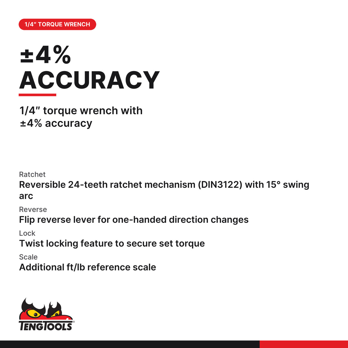 Teng Tools 1492UAG-E 1/4 Inch Drive Torque Wrench, 40 to 250 in-lb, 1/4″ torque wrench with ±4% accuracy