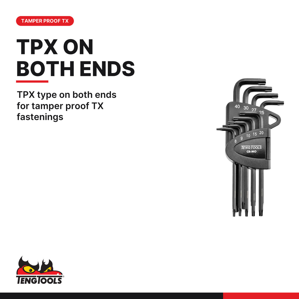 Teng Tools 1498TPX Folding TPX Key Set CR-MO 9 Pieces, TPX type on both ends for tamper proof TX fastenings
