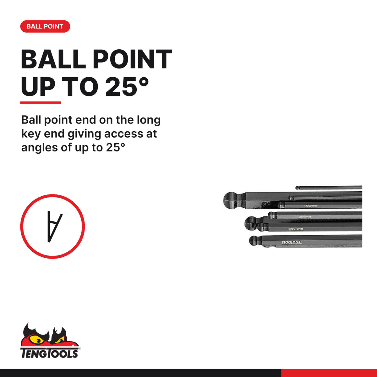 Teng Tools 1499AF Ball Point Hex Key Set CR-MO AF 9 Pieces, ball point end on the long key end giving access at angles of up