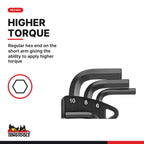 Teng Tools 1499MM Ball Point Hex Key Set CR-MO 9 Pieces, regular hex end on the short arm giving the ability to apply higher
