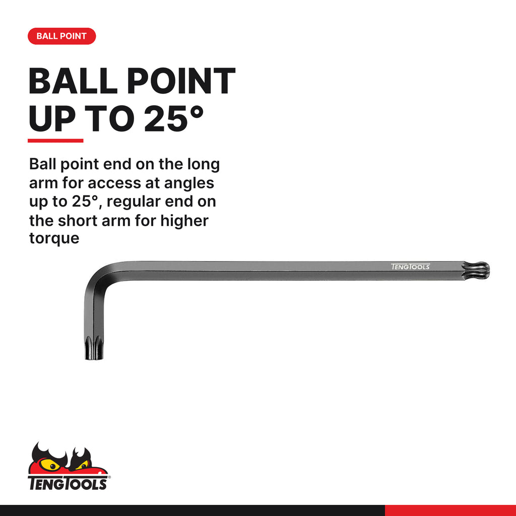 Teng Tools 1499TX Ball Point TX Key Set CR-MO 9 Pieces, ball point end on the long arm for access at angles up to 25°