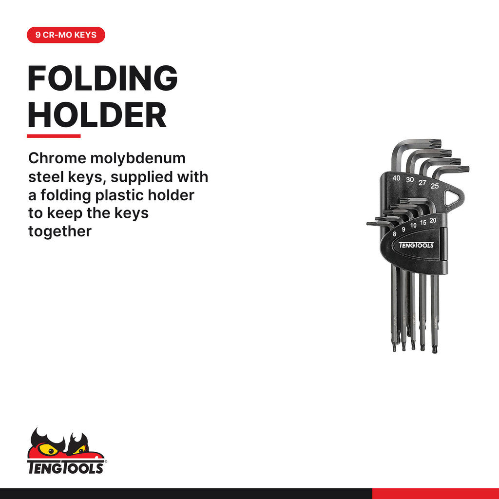 Teng Tools 1499TX Ball Point TX Key Set CR-MO 9 Pieces, chrome molybdenum steel keys, supplied with a folding plastic holder