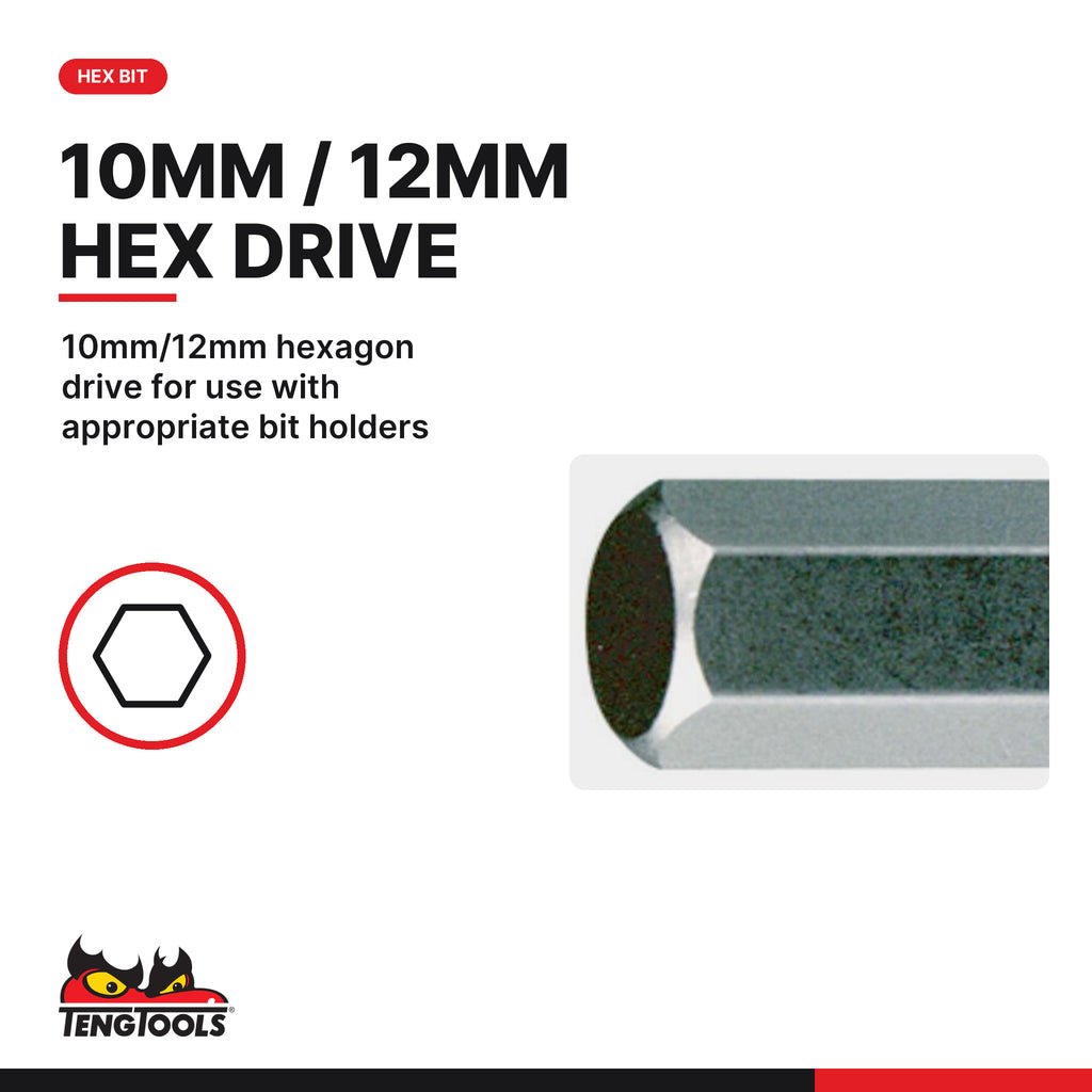 Teng Tools 210705 5-19 mm Hex Bit, 10mm/12mm hexagon drive for use with appropriate bit holders