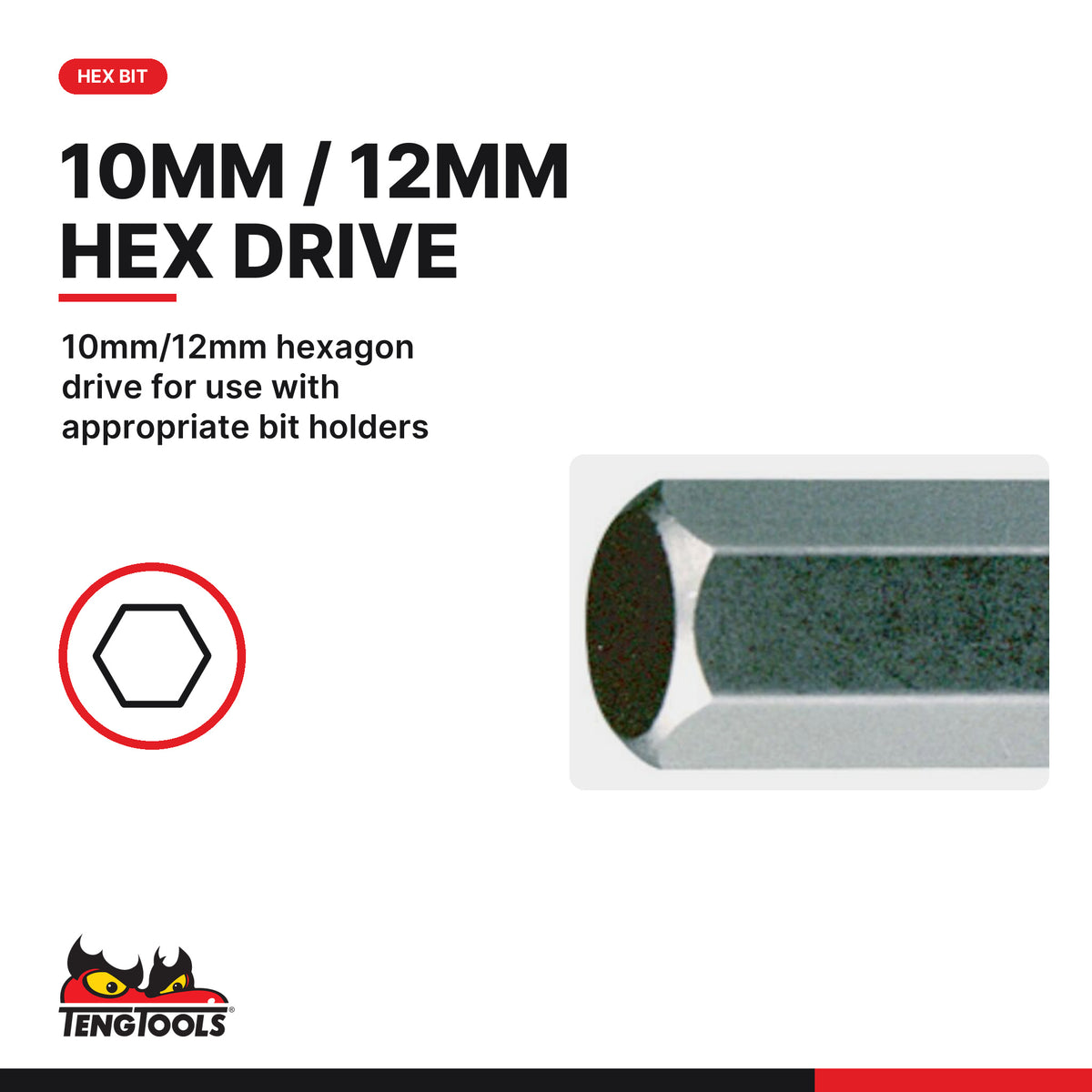 Teng Tools 210705 5-19 mm Hex Bit, 10mm/12mm hexagon drive for use with appropriate bit holders