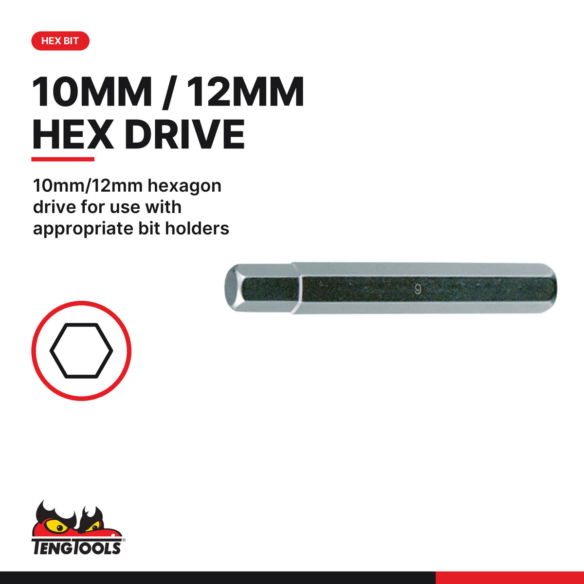 Teng Tools 210805 5-19 mm Hex Bit with 12 mm Hex Drive Shank, 10mm/12mm hexagon drive for use with appropriate bit holders