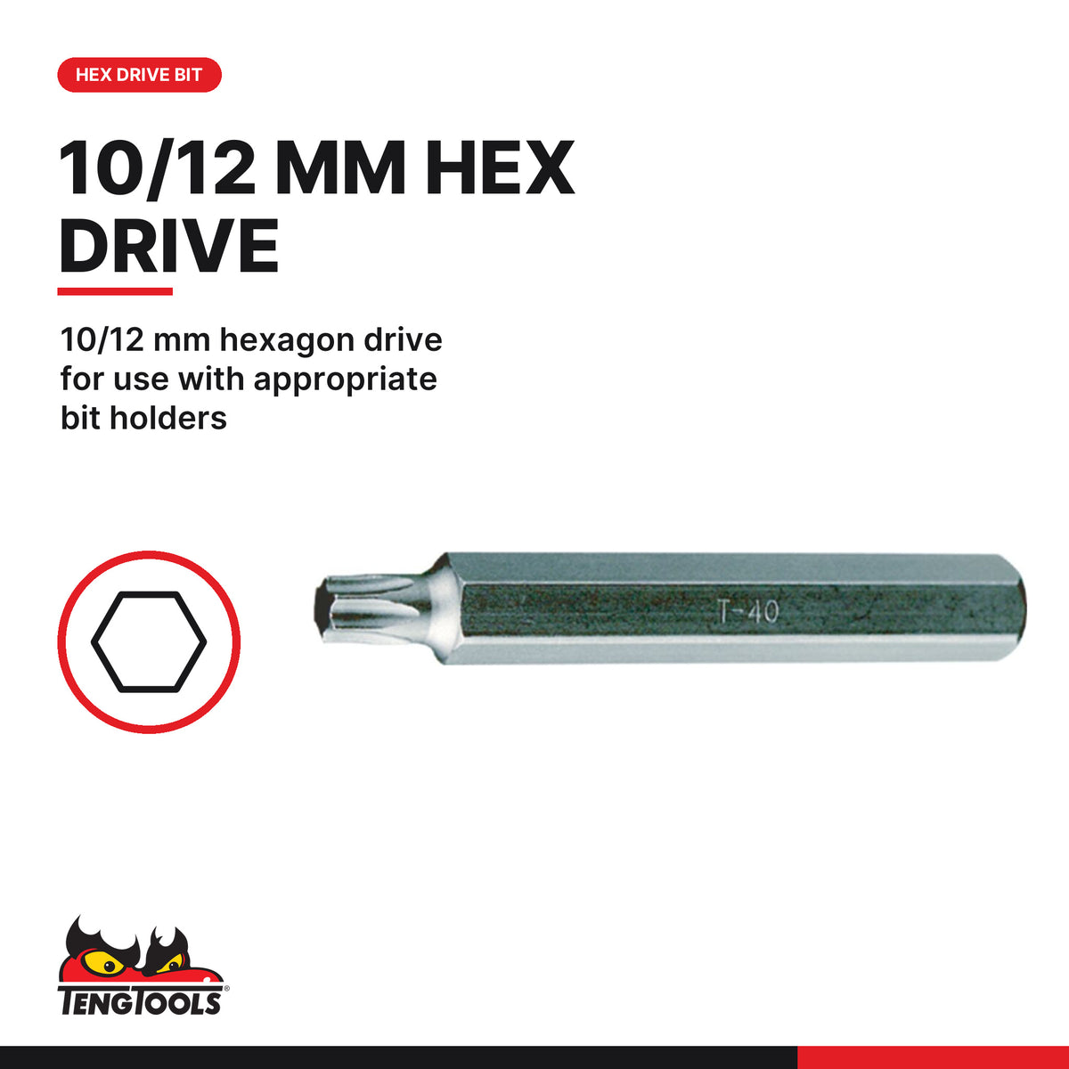 Teng Tools 220845 TX45 75mm 10mm Hex Drive Bit, 10/12 mm hexagon drive for use with appropriate bit holders