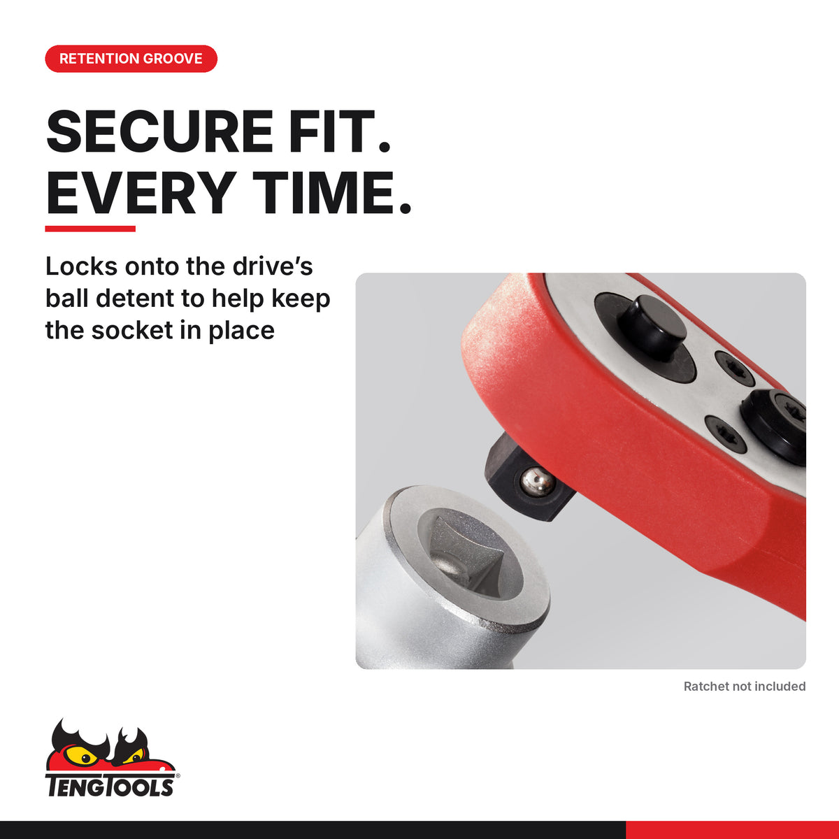 Teng Tools 3/4 inch drive 12-point SAE socket aligned with a ratchet drive end showing the ball detent