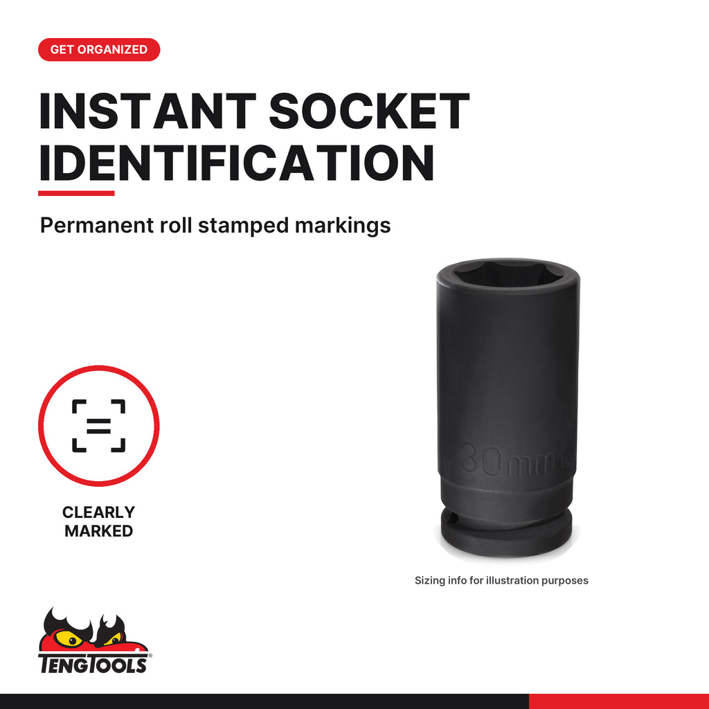 Teng Tools 3/4 inch drive 6-point metric DIN deep impact socket, close-up of the roll stamped markings