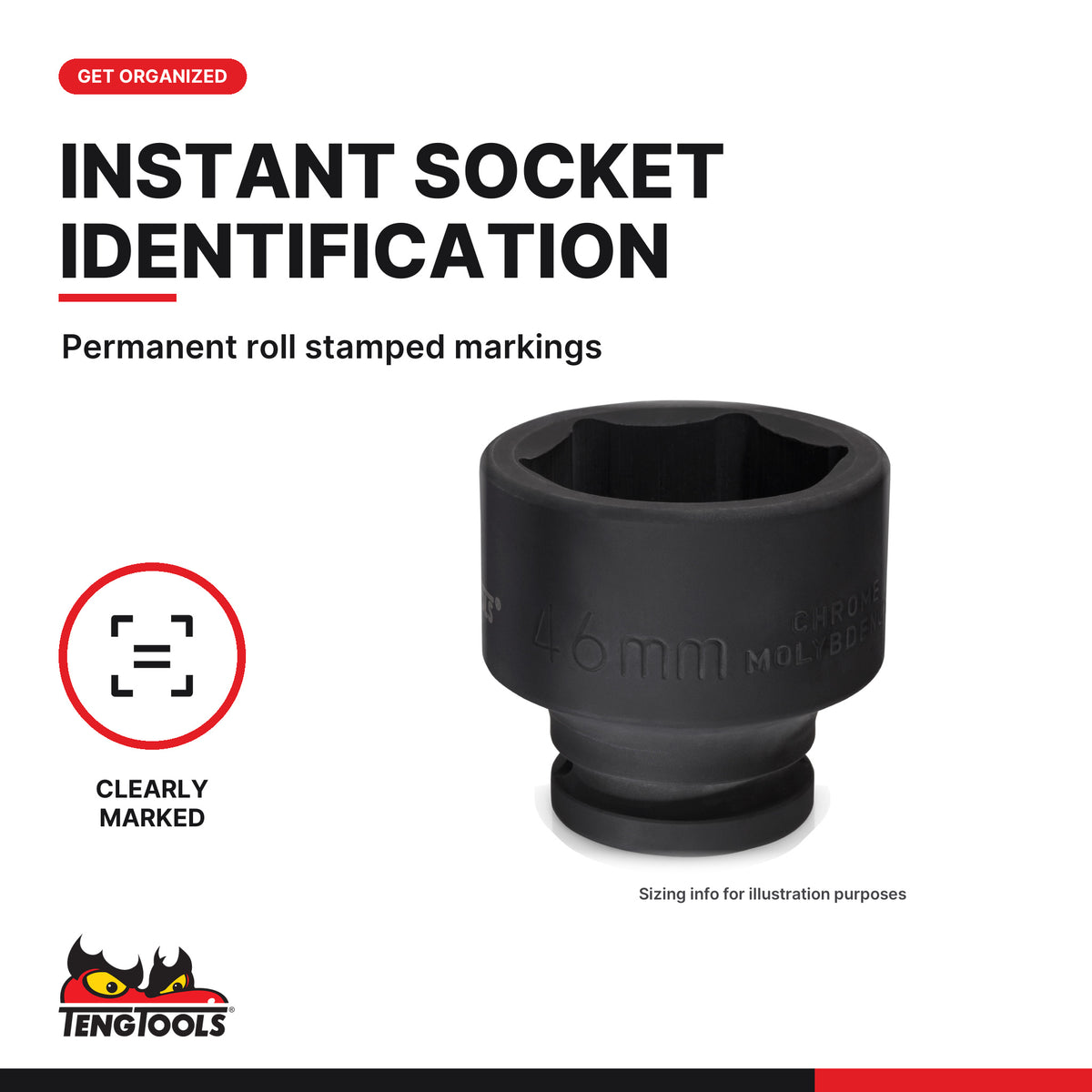 Teng Tools 3/4 inch drive 6-point metric DIN impact socket, close-up of the roll stamped markings