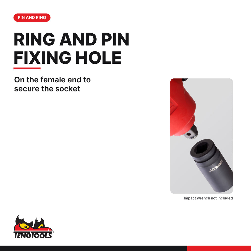 Teng Tools 3/4 inch drive 6-point SAE DIN deep impact socket, ring and pin fixing hole on the female end