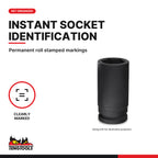 Teng Tools 3/4 inch drive 6-point SAE DIN deep impact socket, close-up of the roll stamped markings