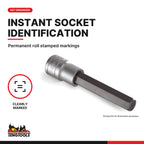 Teng Tools 3/4 inch drive metric hex bit socket, close-up of the roll stamped markings