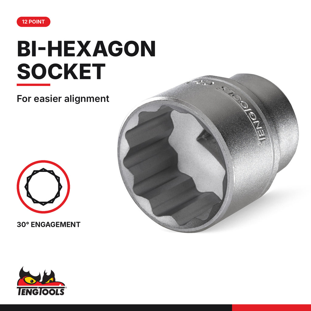 Teng Tools 3/8 inch drive 12-point SAE socket, close-up of the bi-hexagon socket end