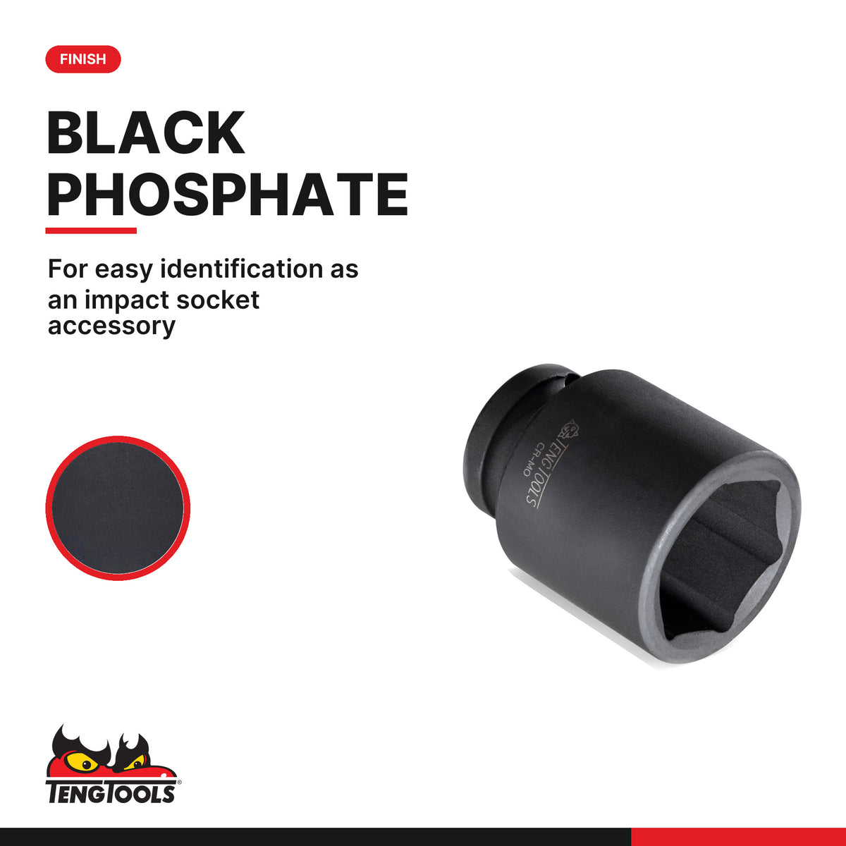 Teng Tools 3/8 inch drive 6-point metric ANSI impact socket with a black phosphate finish
