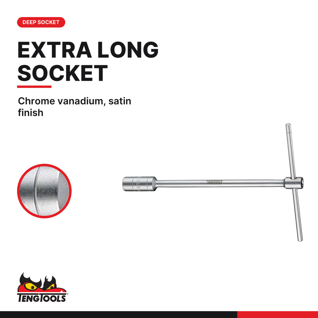 Teng Tools 3/8 inch drive 6-point metric t-bar deep socket, extra long socket in chrome vanadium with a satin finish