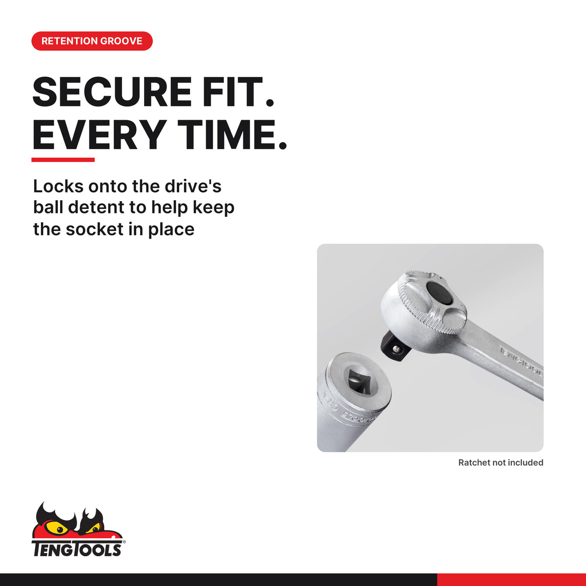Teng Tools 3/8 inch drive 6-point SAE deep socket and the ball detent retention groove on the drive end
