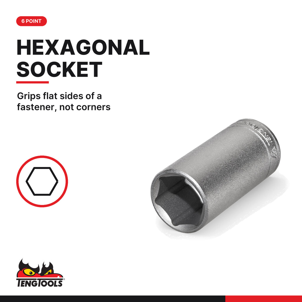 Teng Tools 3/8 inch drive 6-point SAE deep socket, close-up of the hexagonal socket end