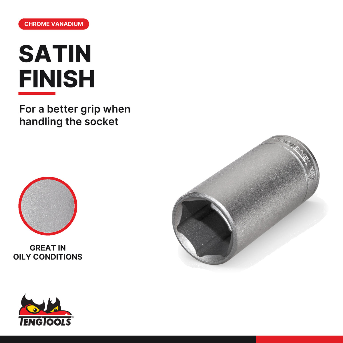 Teng Tools 3/8 inch drive 6-point SAE deep socket with a satin finish, chrome vanadium