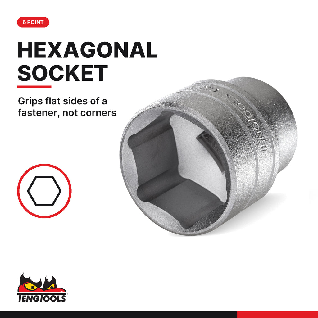 Teng Tools 3/8 inch drive 6-point SAE socket, close-up of the hexagonal socket end