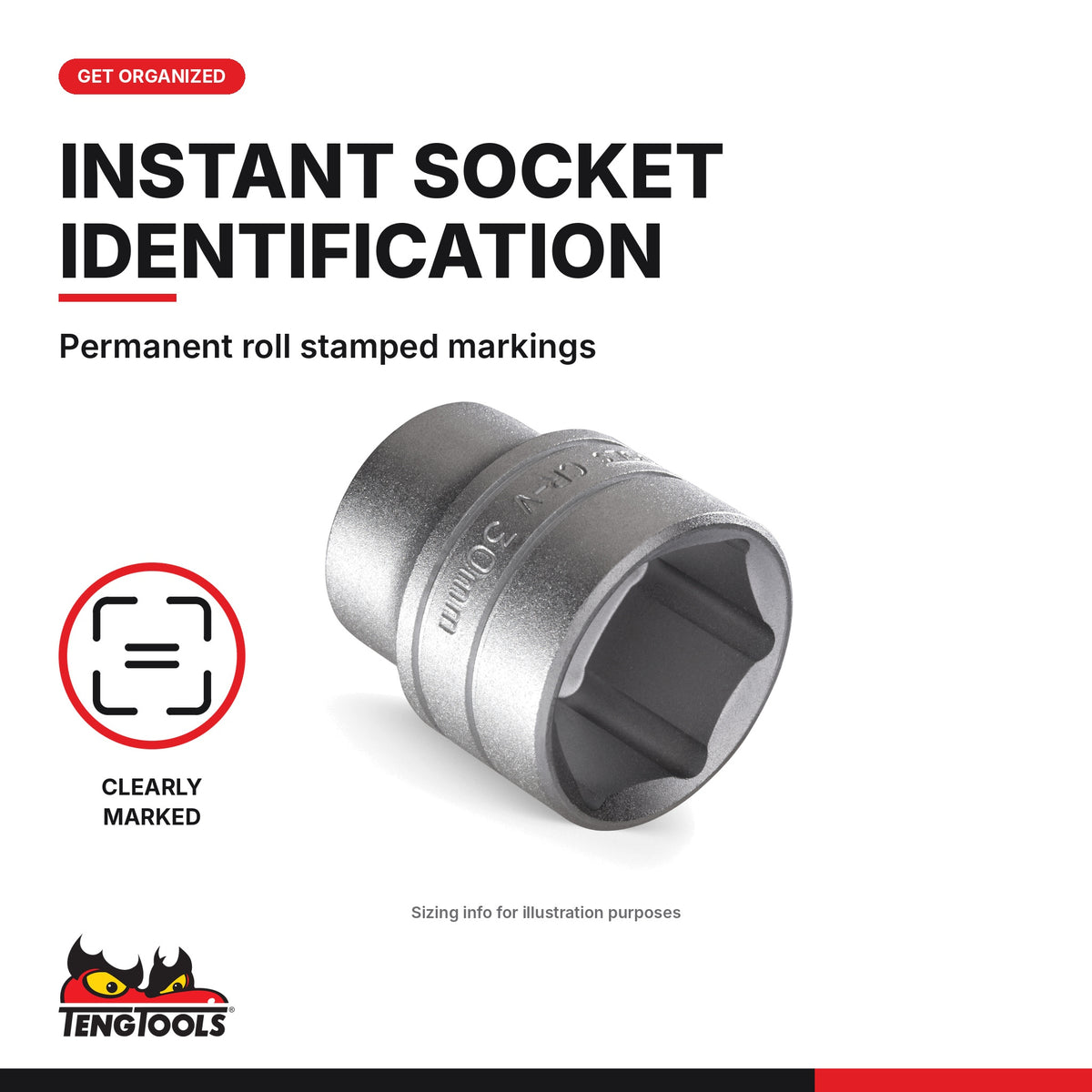 Teng Tools 3/8 inch drive 6-point SAE socket close-up showing the roll stamped markings