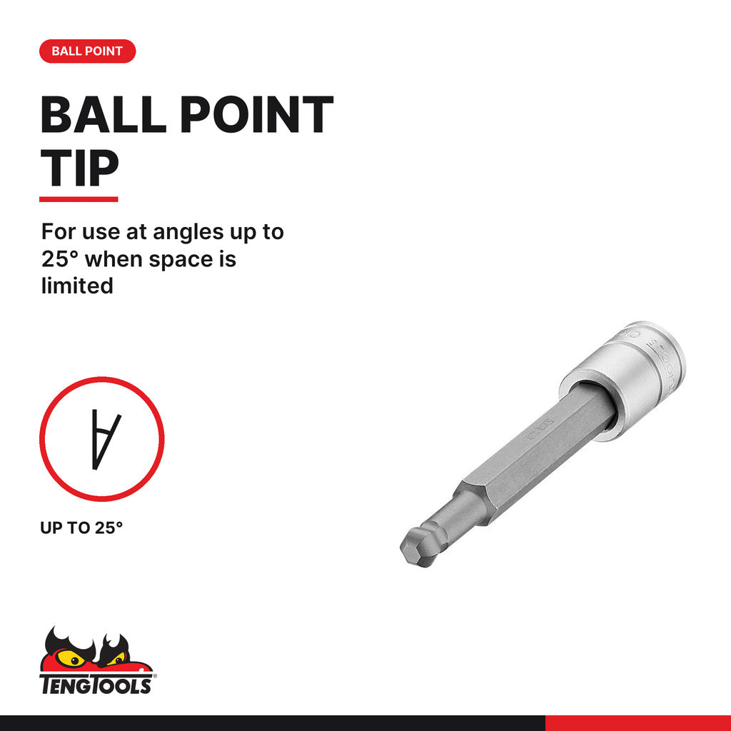 Teng Tools 3/8 inch drive metric ball point long hex bit socket, ball point tip for use at angles up to 25 degrees