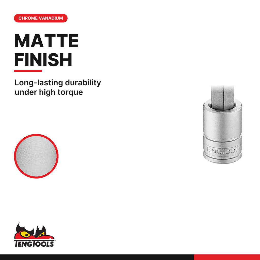 Teng Tools 3/8 inch drive metric ball point long hex bit socket with a matte finish, chrome vanadium
