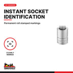 Teng Tools 3/8 inch drive metric ball point long hex bit socket, close-up of the roll stamped markings