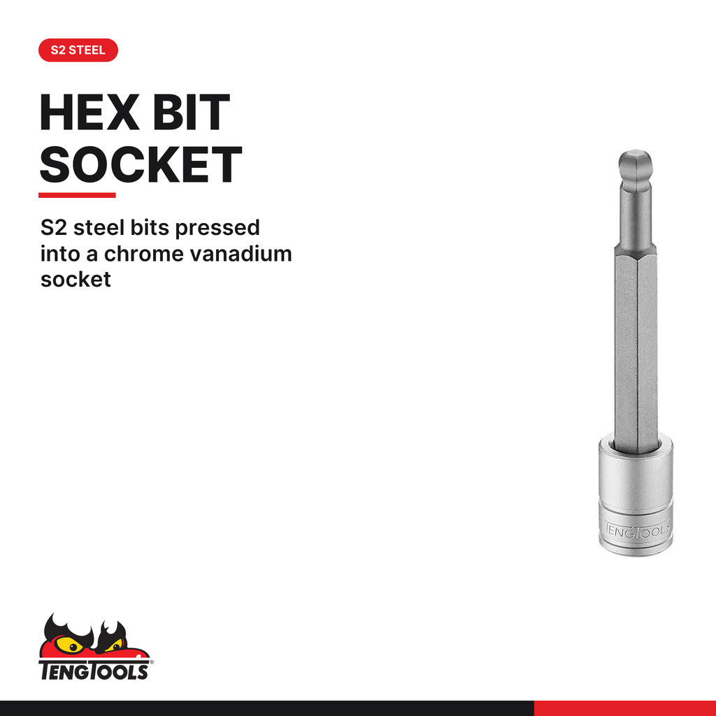 Teng Tools 3/8 inch drive metric ball point long hex bit socket with an S2 steel bit pressed in