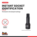 Teng Tools 3/8 inch drive metric DIN hex bit impact socket, close-up of the roll stamped markings