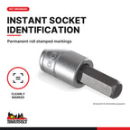 Teng Tools 3/8 inch drive metric hex bit socket, close-up of the roll stamped markings