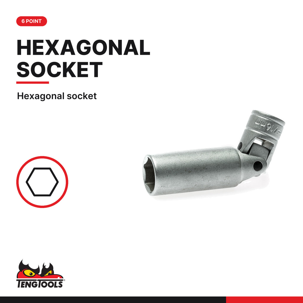 Teng Tools 3/8 inch drive flexible spark plug socket, 16 and 21 mm, 6 point hexagonal socket