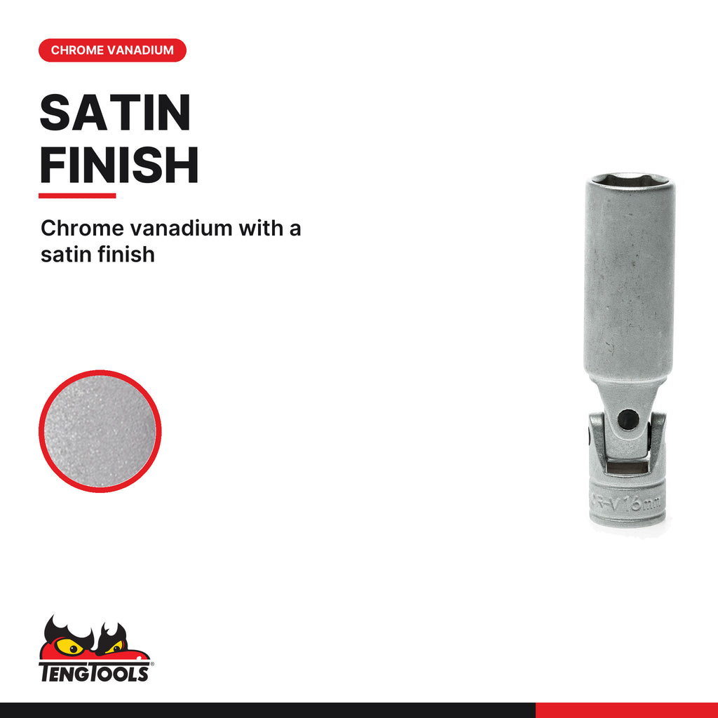 Teng Tools 3/8 inch drive flexible spark plug socket, 16 and 21 mm, chrome vanadium with a satin finish