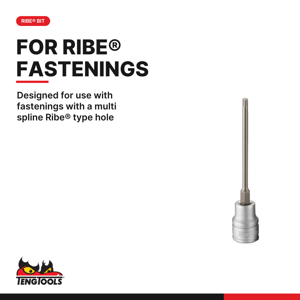 Teng Tools 3/8 inch drive long Ribe bit socket, sizes 04 to 10, designed for multi spline Ribe type holes