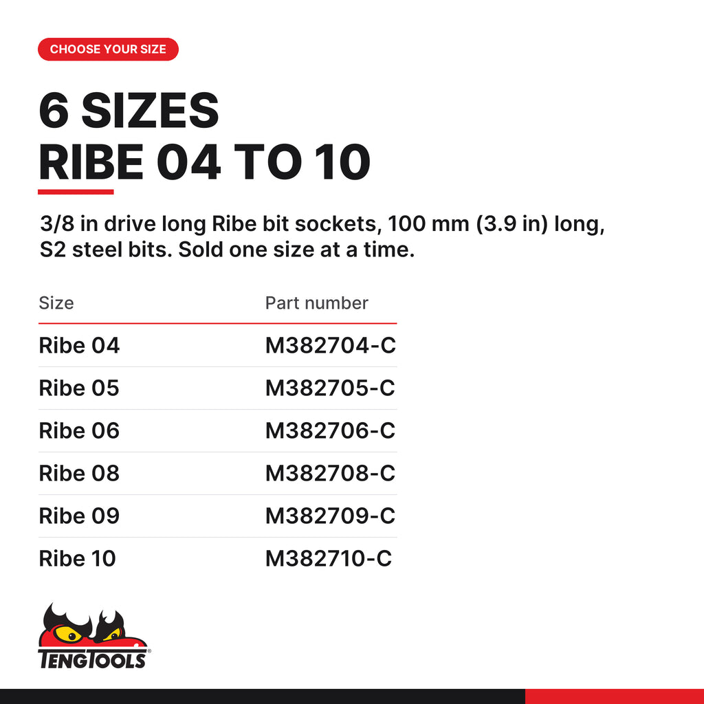 Teng Tools 3/8 inch drive long Ribe bit socket, sizes 04 to 10, six sizes Ribe 04 to Ribe 10, part numbers M382704-C to
