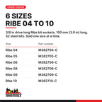 Teng Tools 3/8 inch drive long Ribe bit socket, sizes 04 to 10, six sizes Ribe 04 to Ribe 10, part numbers M382704-C to