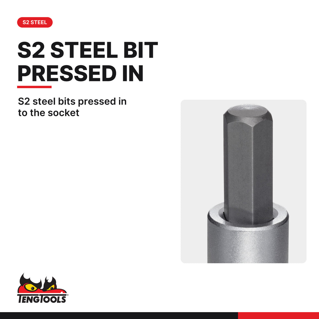 Teng Tools 3/8 inch drive SAE hex bit socket 3/32 to 3/8 in, S2 steel bit pressed in to the socket
