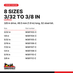Teng Tools 3/8 inch drive SAE hex bit socket 3/32 to 3/8 in, eight AF sizes 3/32 to 3/8 in, part numbers M381103-C to