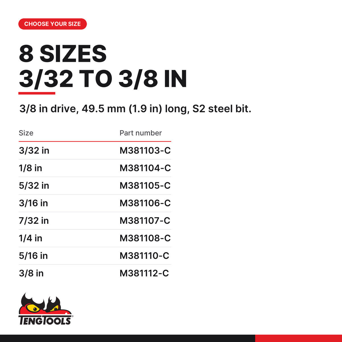Teng Tools 3/8 inch drive SAE hex bit socket 3/32 to 3/8 in, eight AF sizes 3/32 to 3/8 in, part numbers M381103-C to