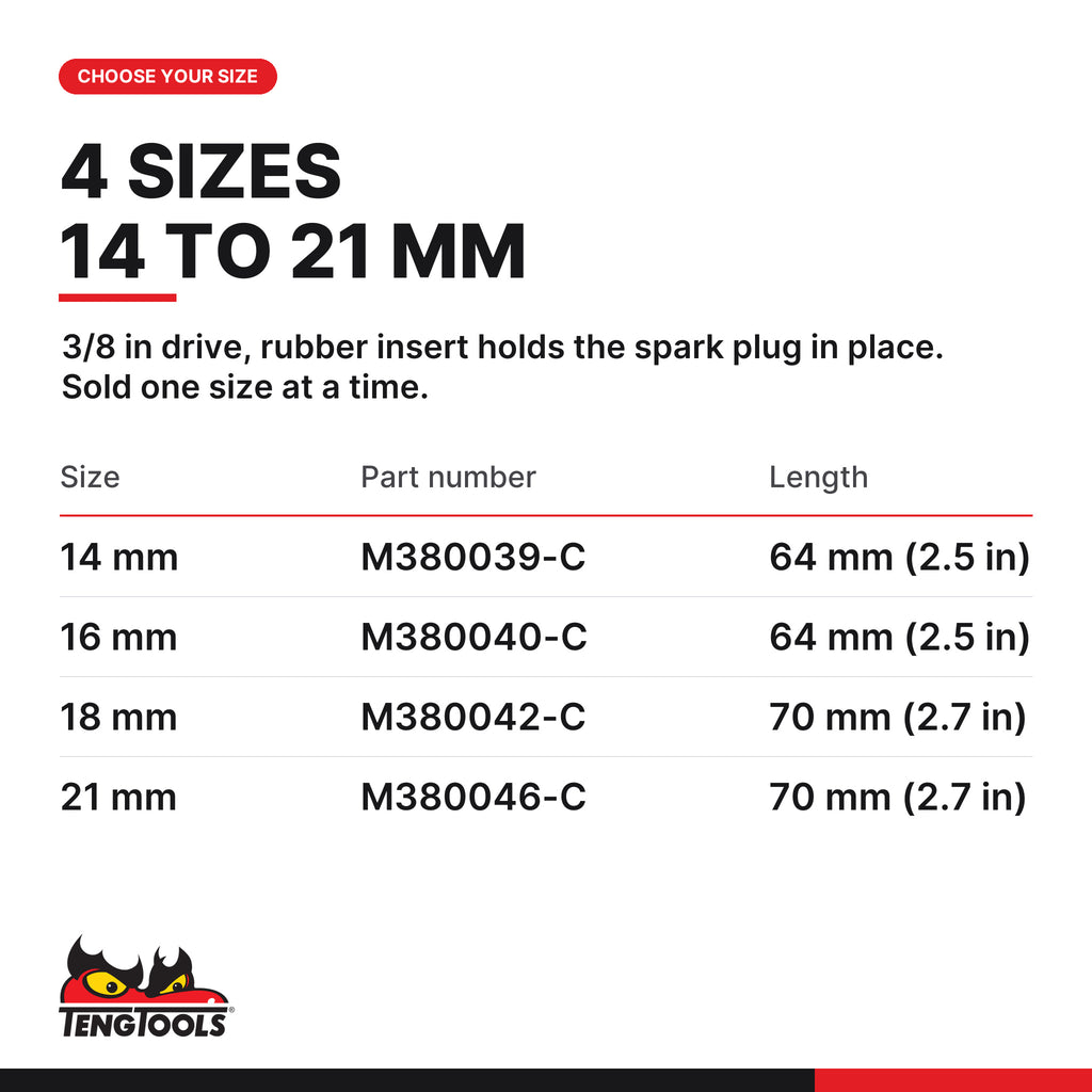 Teng Tools 3/8 inch drive spark plug socket 14 to 21 mm, four sizes 14, 16, 18 and 21 mm, part numbers M380039-C to M380046-C