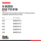 Teng Tools 3/8 inch drive TX-E external Torx socket E10 to E18, five sizes E10 to E18, part numbers M380710-C to M380718-C