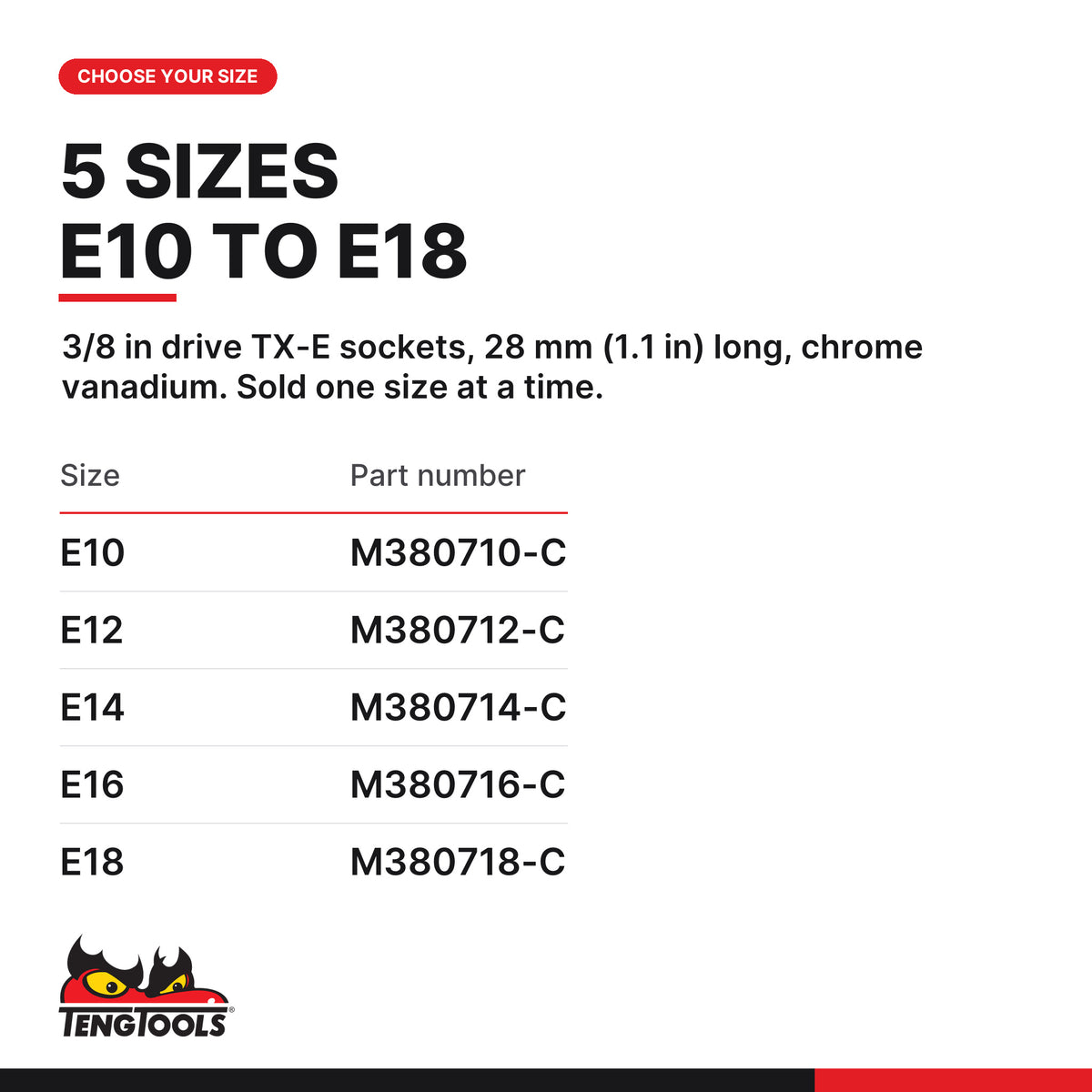 Teng Tools 3/8 inch drive TX-E external Torx socket E10 to E18, five sizes E10 to E18, part numbers M380710-C to M380718-C