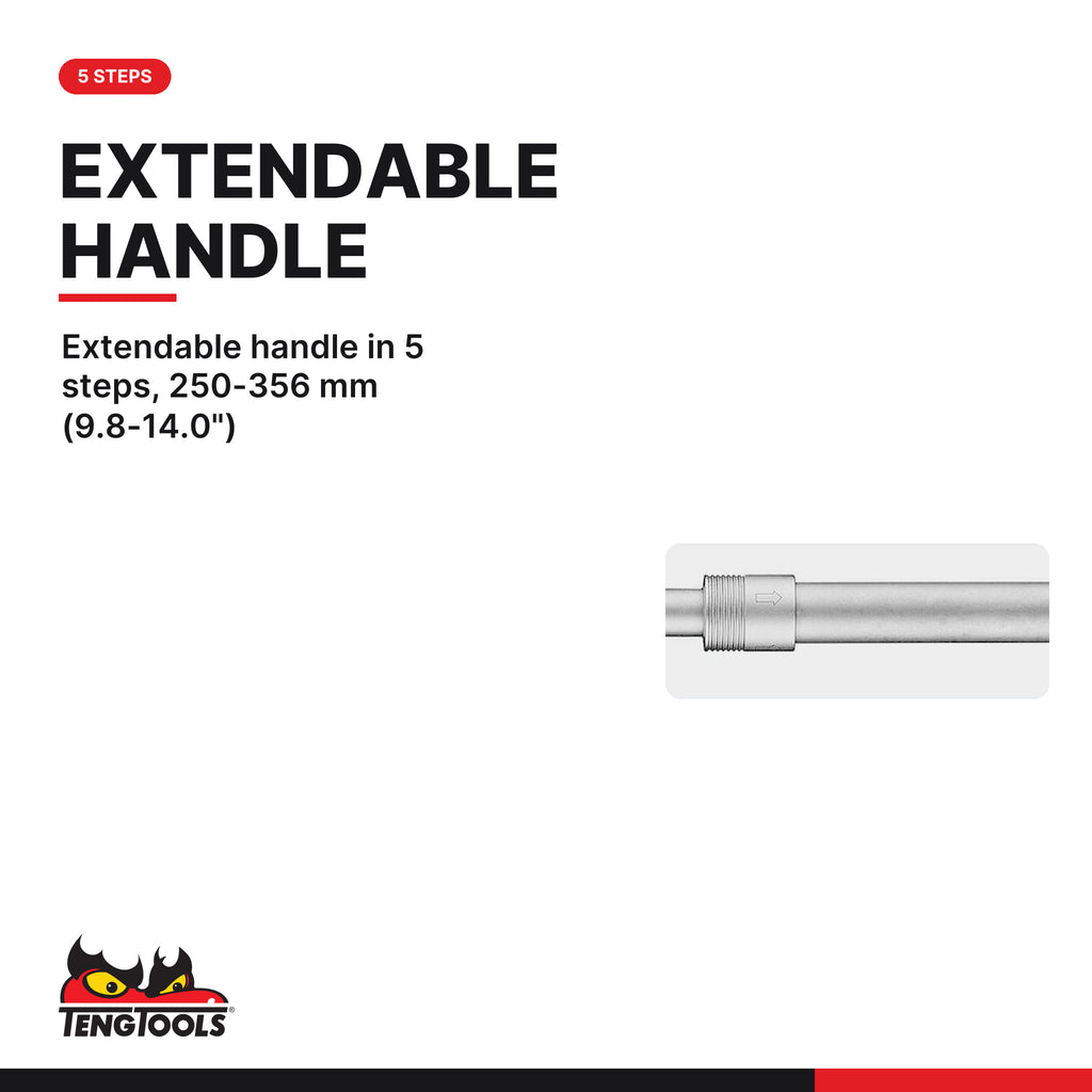 Teng Tools 3800-41E 3/8 Extendable Ratchet Wrench, extendable handle in 5 steps, 250-356 mm (9.8-14.0")