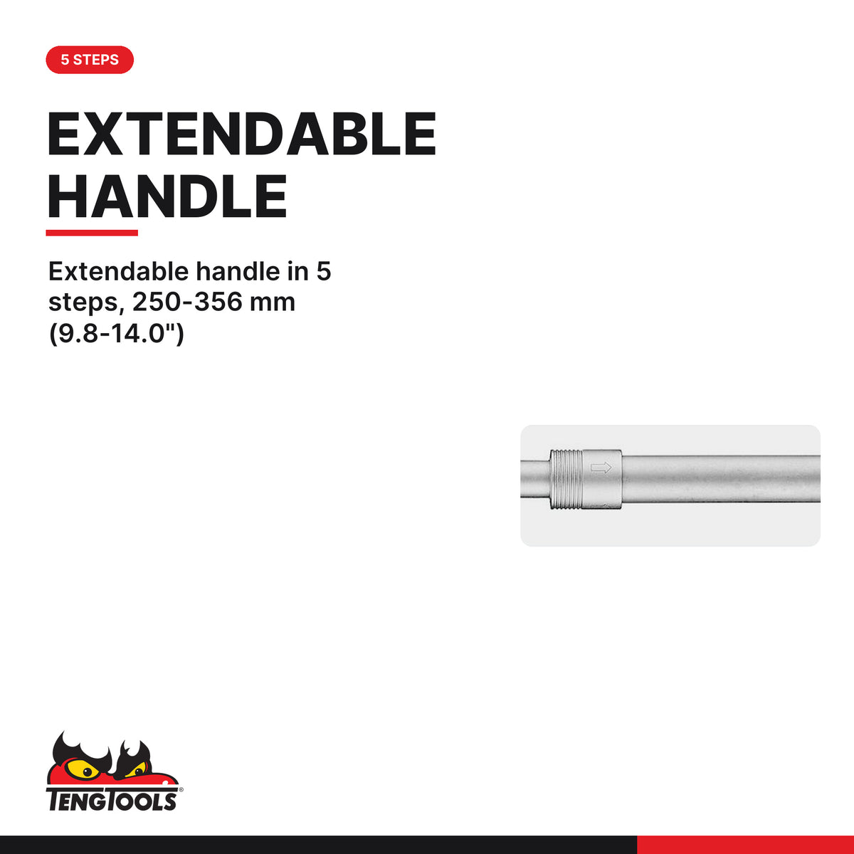 Teng Tools 3800-41E 3/8 Extendable Ratchet Wrench, extendable handle in 5 steps, 250-356 mm (9.8-14.0")