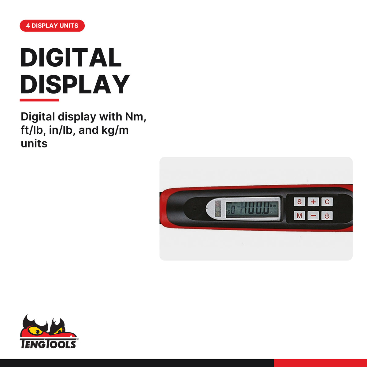 Teng Tools 3892D100 10-100Nm Torque Wrench Digital Readout, digital display with Nm, ft/lb, in/lb, and kg/m units
