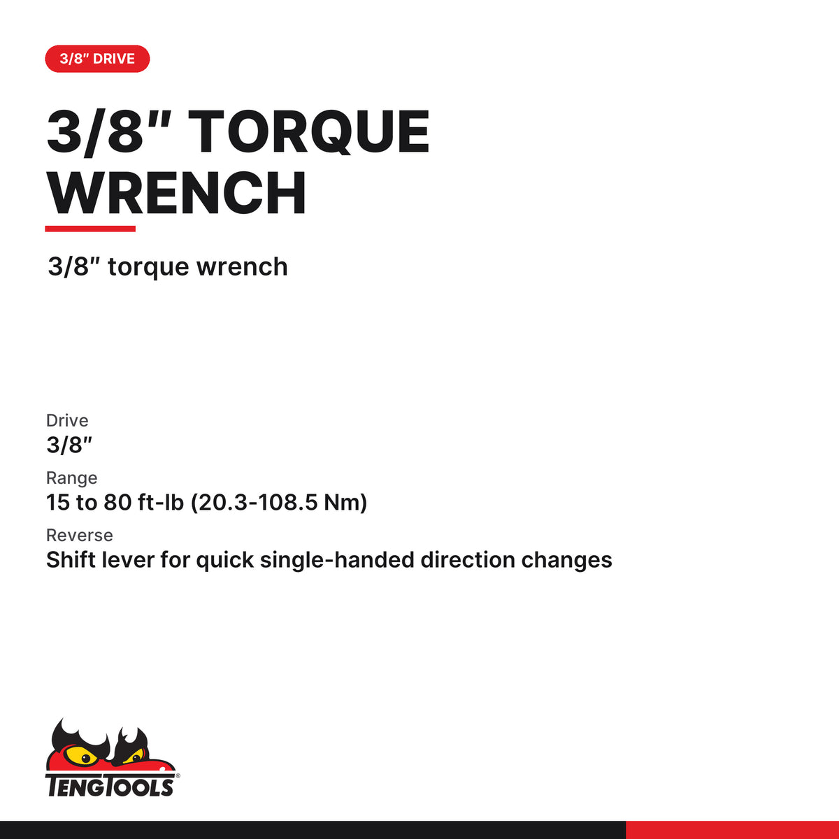 Teng Tools 3892UAG-E3 3/8 Inch Drive Torque Wrench, 15 to 80 ft-lb, 3/8″ torque wrench
